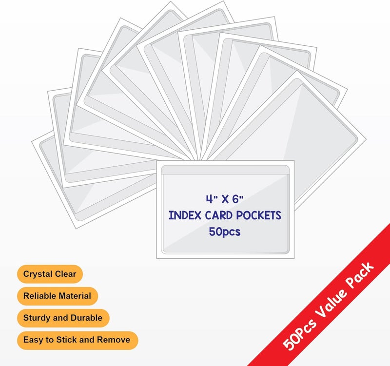 IMAGAME Clear Adhesive 4" x 6" Index Card Pockets with Top Open for Loading, 50 Pack, Plastic Labels Holders for Storage Bins and Library Card, Organizing and Protecting Your Index Cards or Photos - Image 2